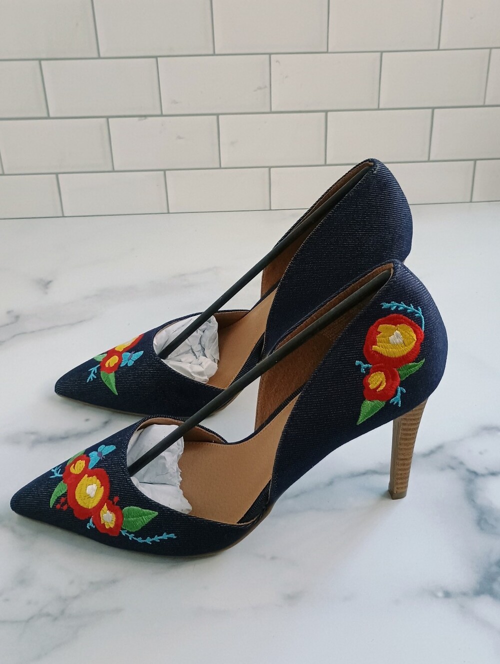 Christian Siriano Dark Denim Embroidered Pointed-Toe d'Orsay Pumps - Picture 7 of 14